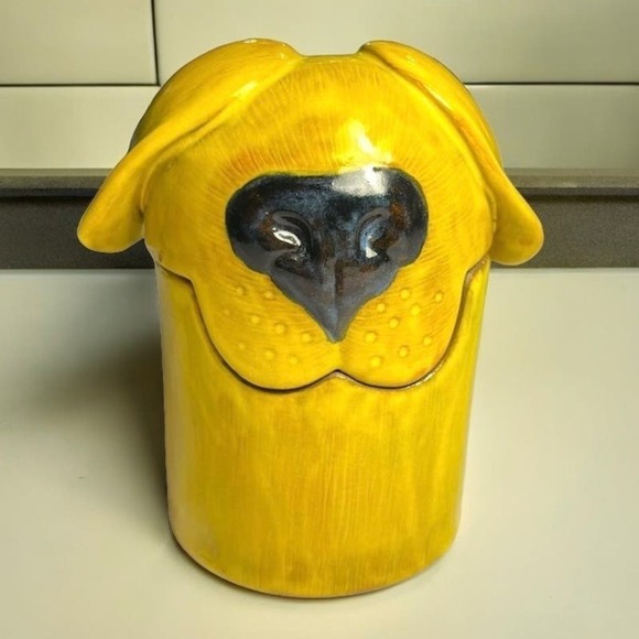 Ceramic Yellow Dog Art Nancy Hopkins Designs Jar Vessel Trinket Memory Box USA - Picture 1 of 14
